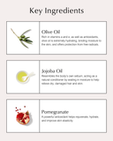 Key Ingredients - Olive Oil, Jojoba Oil, and Pomegranate